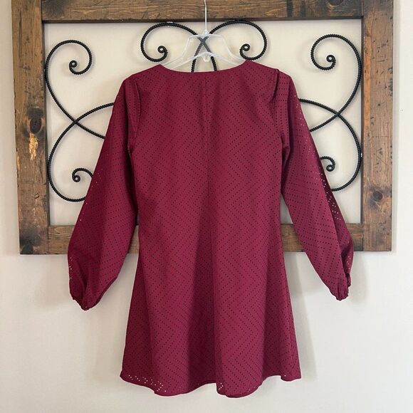Candies Y2K Shift Burgundy Laser Cut Lined Mini Dress Slit Long Sleeves Size S - Picture 2 of 11